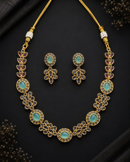 Aqua Floral Gold-Plated Necklace Set