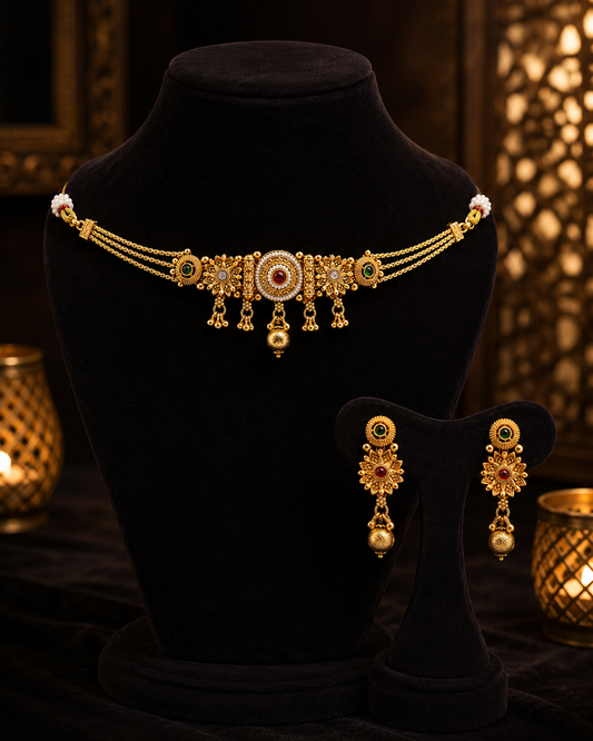 Antique Gold Floral Choker Necklace Set with Red & Green Stones