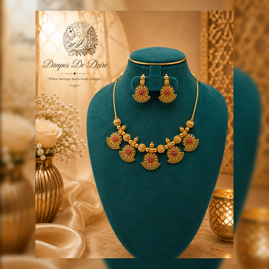 Bold Heritage Gold-Tone Necklace Set with Red & Gold Beads