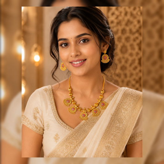 Bold Heritage Gold-Tone Necklace Set with Red & Gold Beads