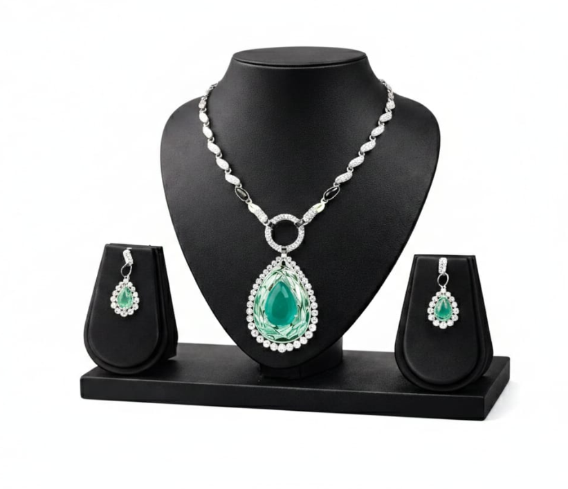 Casual Wear Pista Green & White Stone Pendant Chain Set with Pressing Earrings