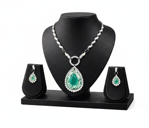 Casual Wear Pista Green & White Stone Pendant Chain Set with Pressing Earrings