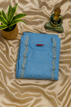 Premium Sky Blue Cotton Straight Kurta for Women | Hand Embroidered Ethnic Kurti | Comfortable Everyday & Festive Wear
