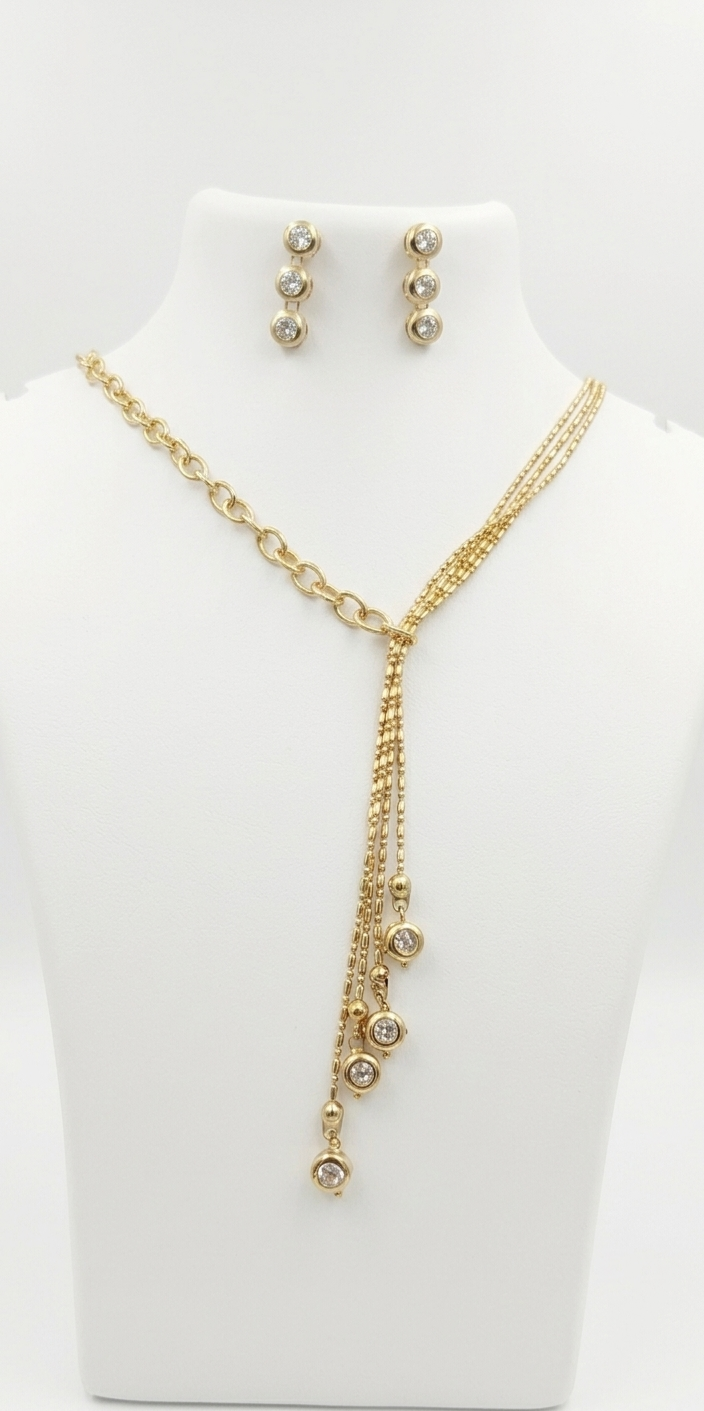 Elegant White Stone Gold-Plated Short Chain Set with Pressing Earrings
