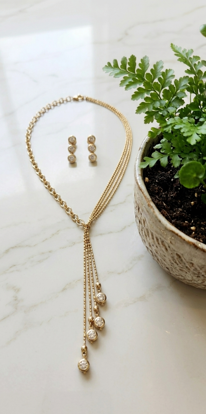 Elegant White Stone Gold-Plated Short Chain Set with Pressing Earrings