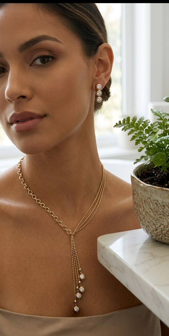 Elegant White Stone Gold-Plated Short Chain Set with Pressing Earrings