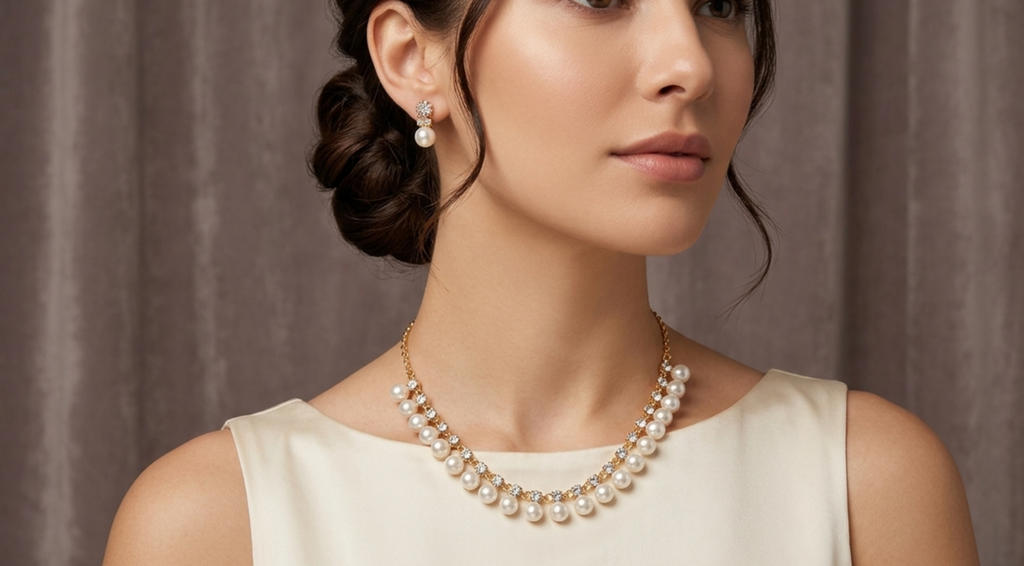 White Stone & Pearl Gold-Plated Short Necklace Set with Pressing Earrings