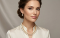 White Stone & Pearl Gold-Plated Short Necklace Set with Pressing Earrings