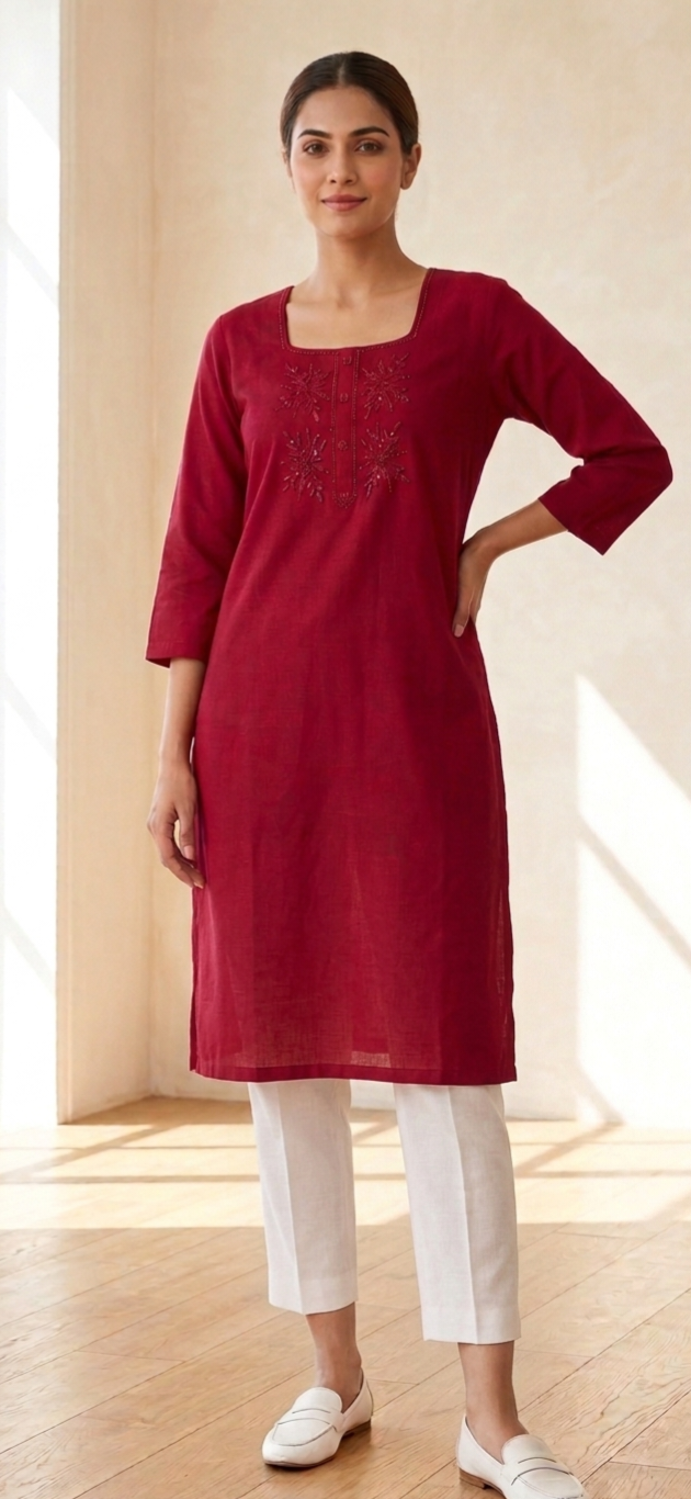 Bead Work Hand Embroidered Cotton Single Kurti