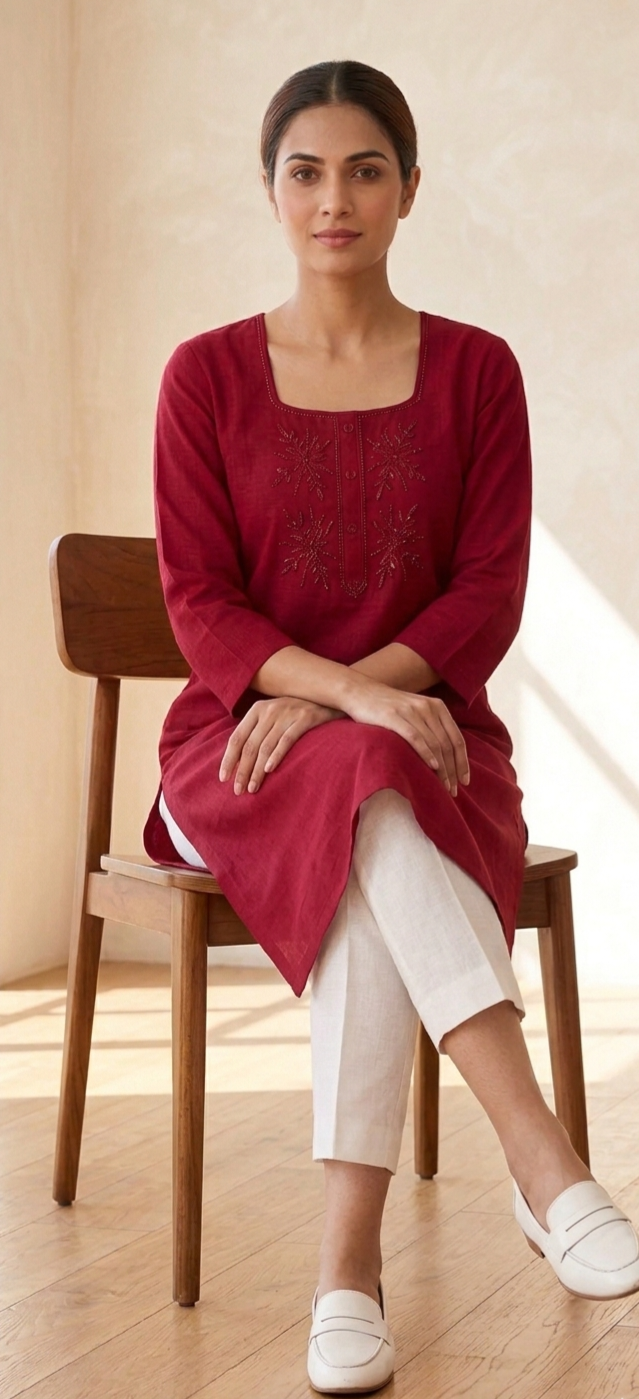 Bead Work Hand Embroidered Cotton Single Kurti