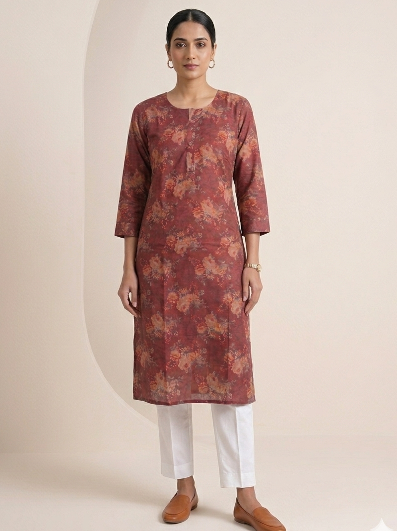 Floral Printed Silk Kurta for Women | Straight Elegant Ethnic Kurti