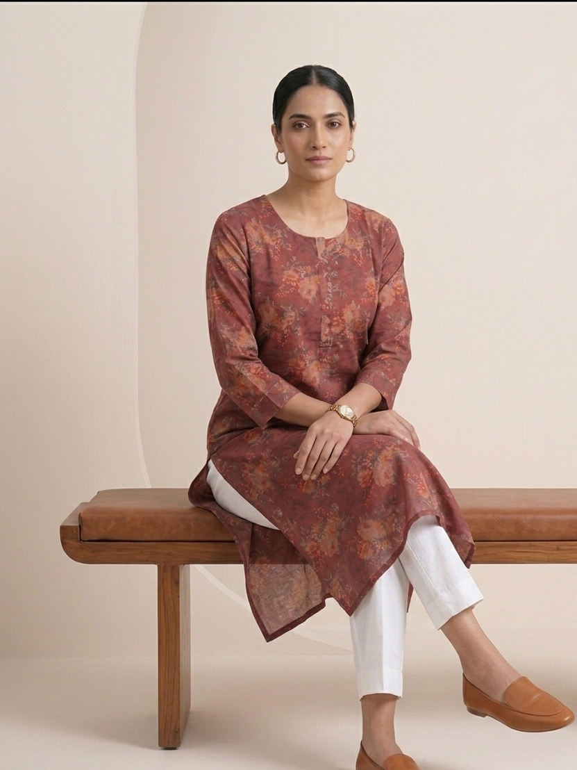 Floral Printed Silk Kurta for Women | Straight Elegant Ethnic Kurti