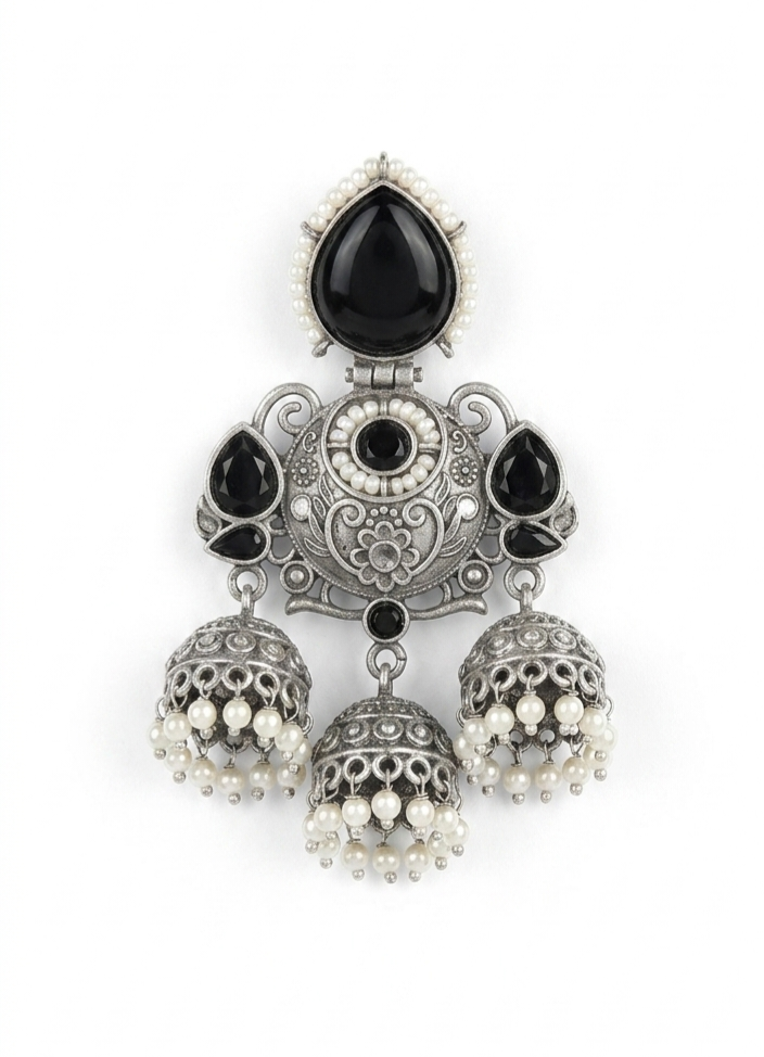 Premium Oxidized Silver Triple-Drop Statement Jhumka Earrings