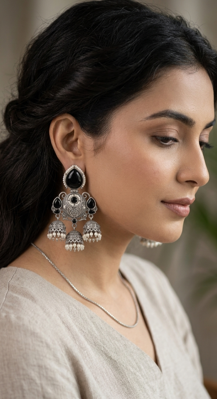 Premium Oxidized Silver Triple-Drop Statement Jhumka Earrings