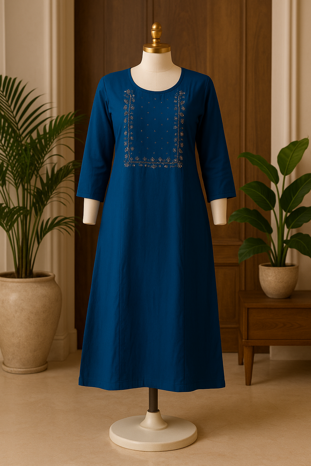 Navy Blue Hand Embroidered Cotton Ethnic Kurti