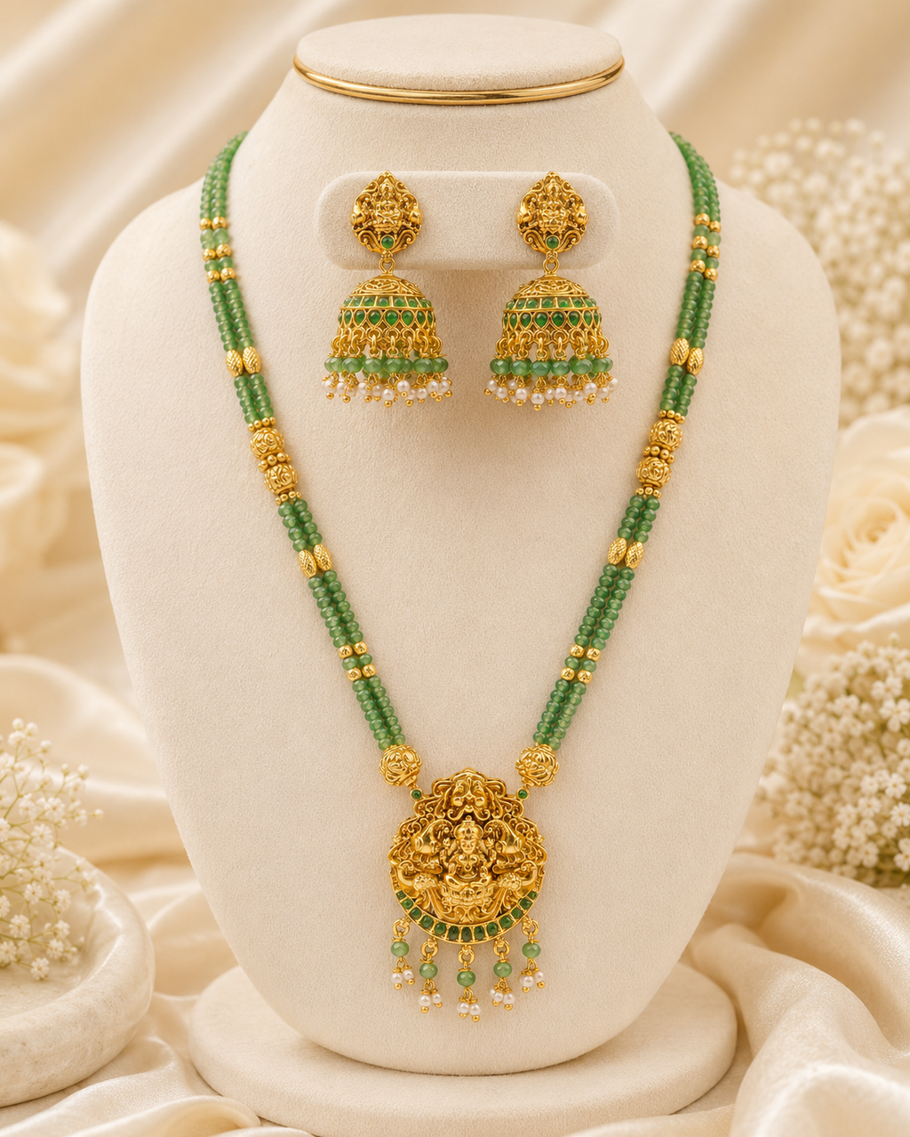 Green Stone Lakshmi Pendant Necklace Set with Jhumkas