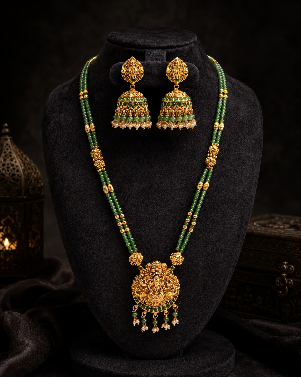 Green Stone Lakshmi Pendant Necklace Set with Jhumkas