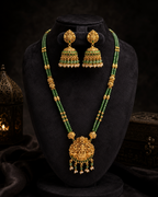Green Stone Lakshmi Pendant Necklace Set with Jhumkas