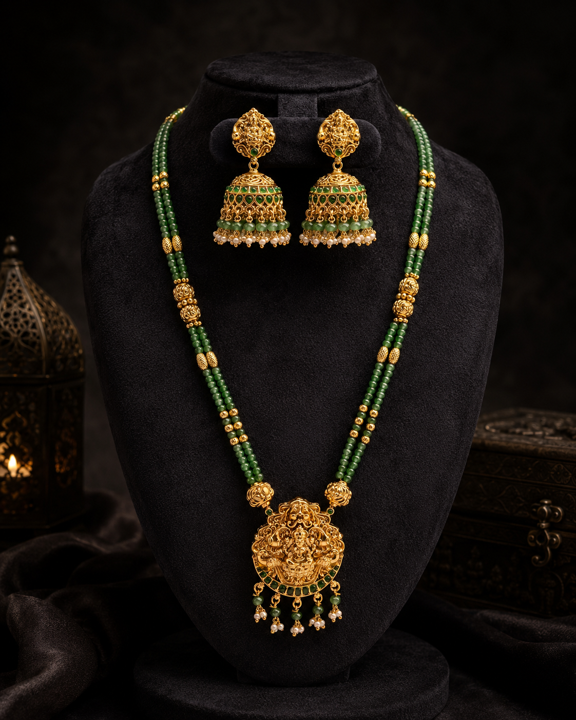 Green Stone Lakshmi Pendant Necklace Set with Jhumkas