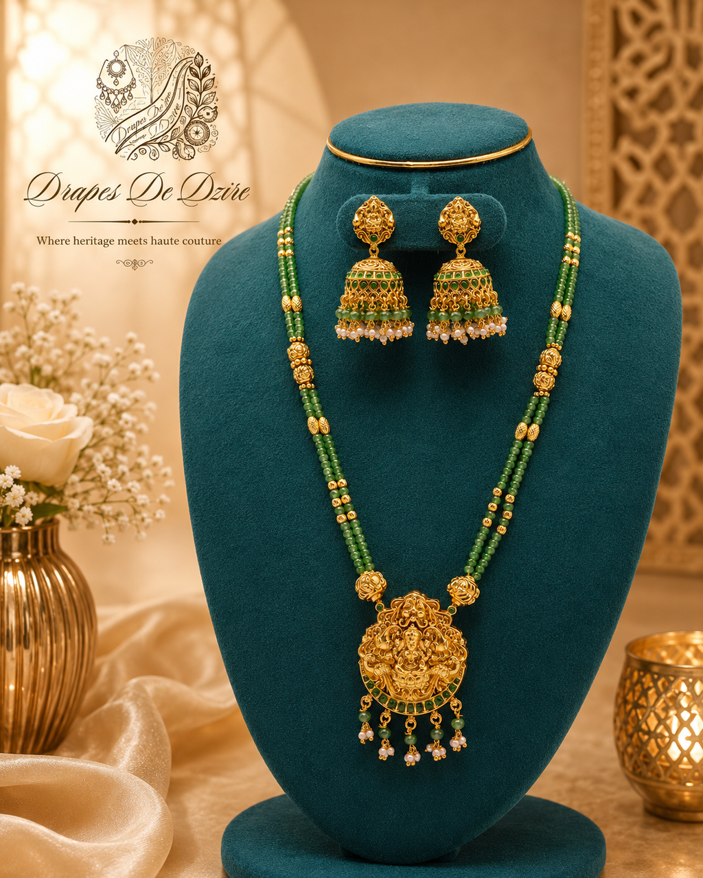 Green Stone Lakshmi Pendant Necklace Set with Jhumkas