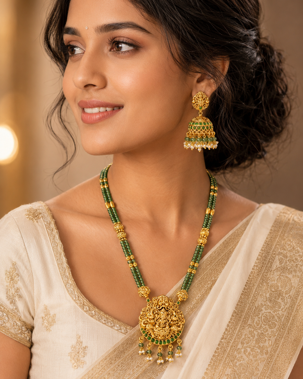 Green Stone Lakshmi Pendant Necklace Set with Jhumkas