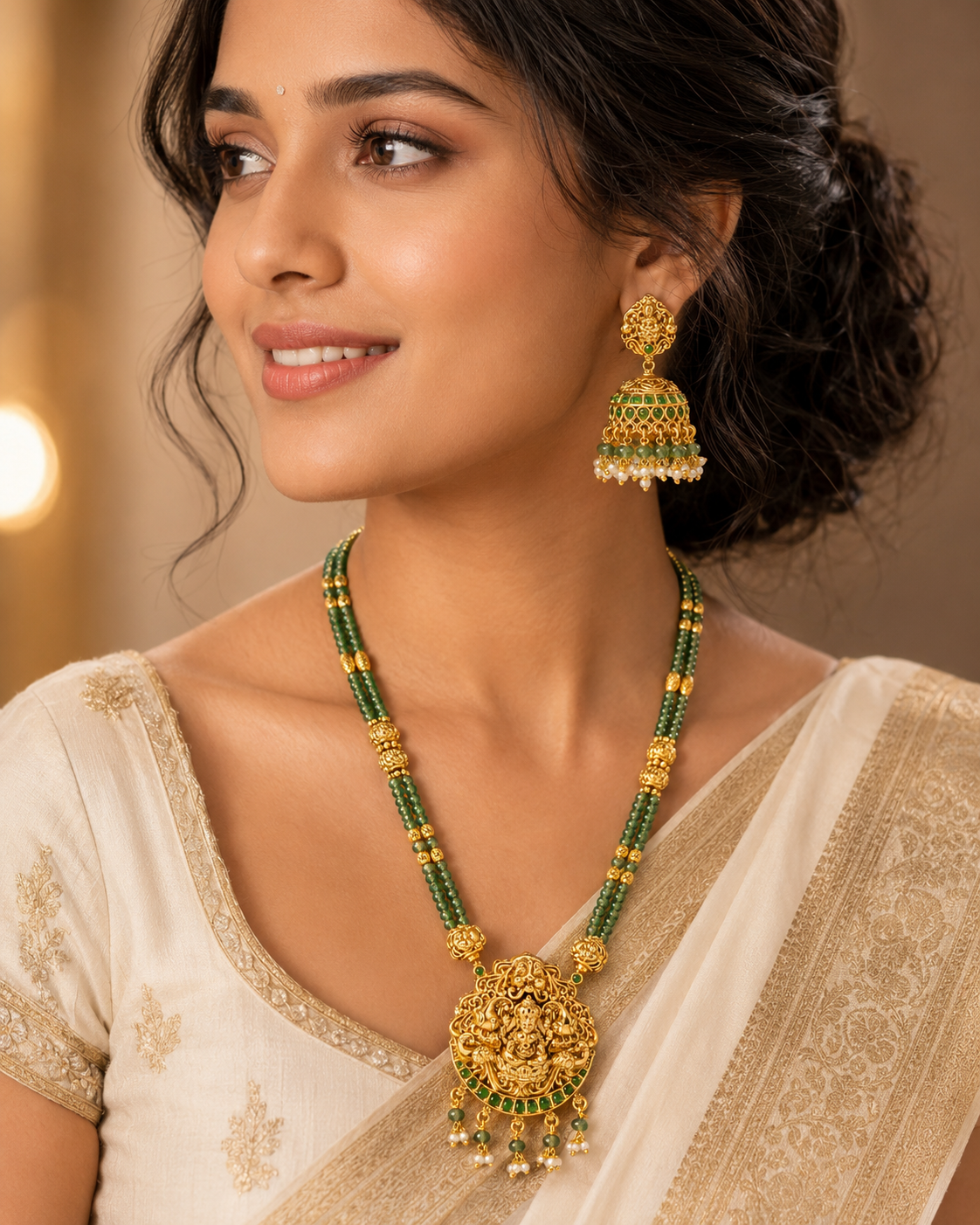 Green Stone Lakshmi Pendant Necklace Set with Jhumkas