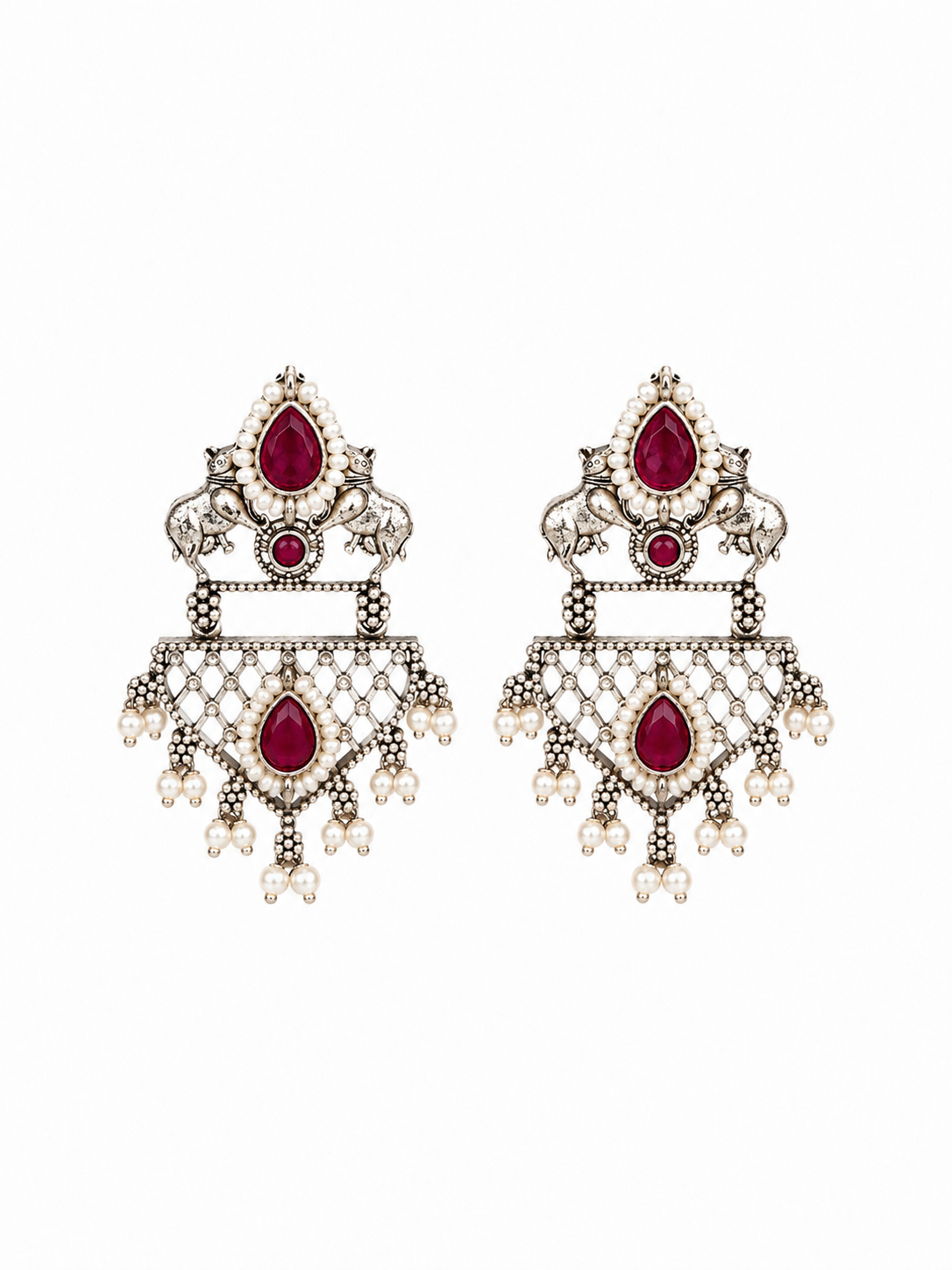 Intricate Oxidised Cow Design Earrings with Pearl Drops