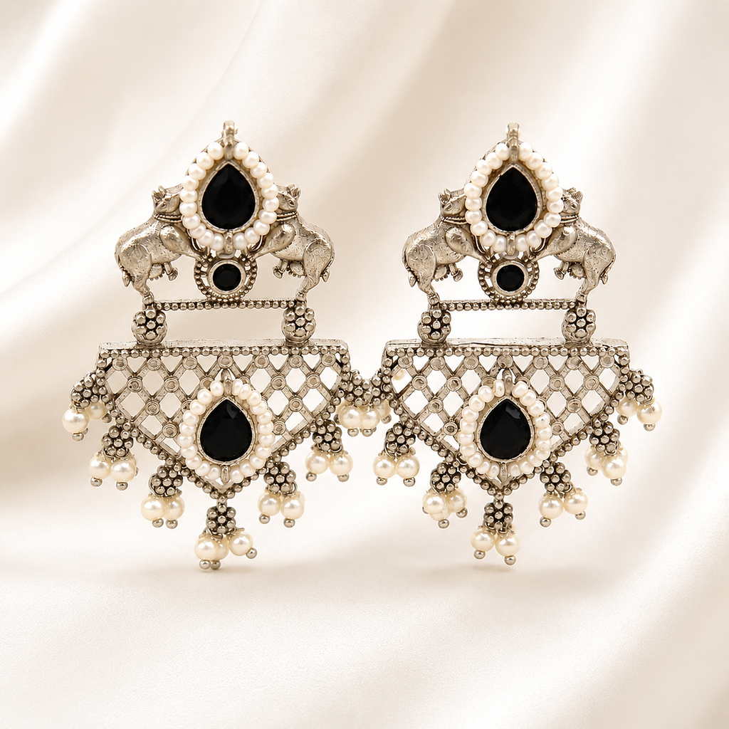 Intricate Oxidised Cow Design Earrings with Pearl Drops