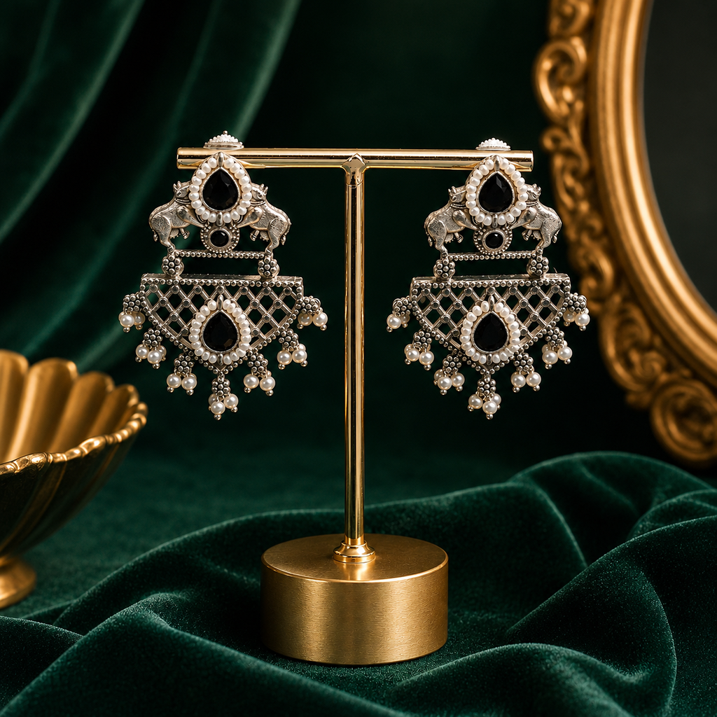 Intricate Oxidised Cow Design Earrings with Pearl Drops
