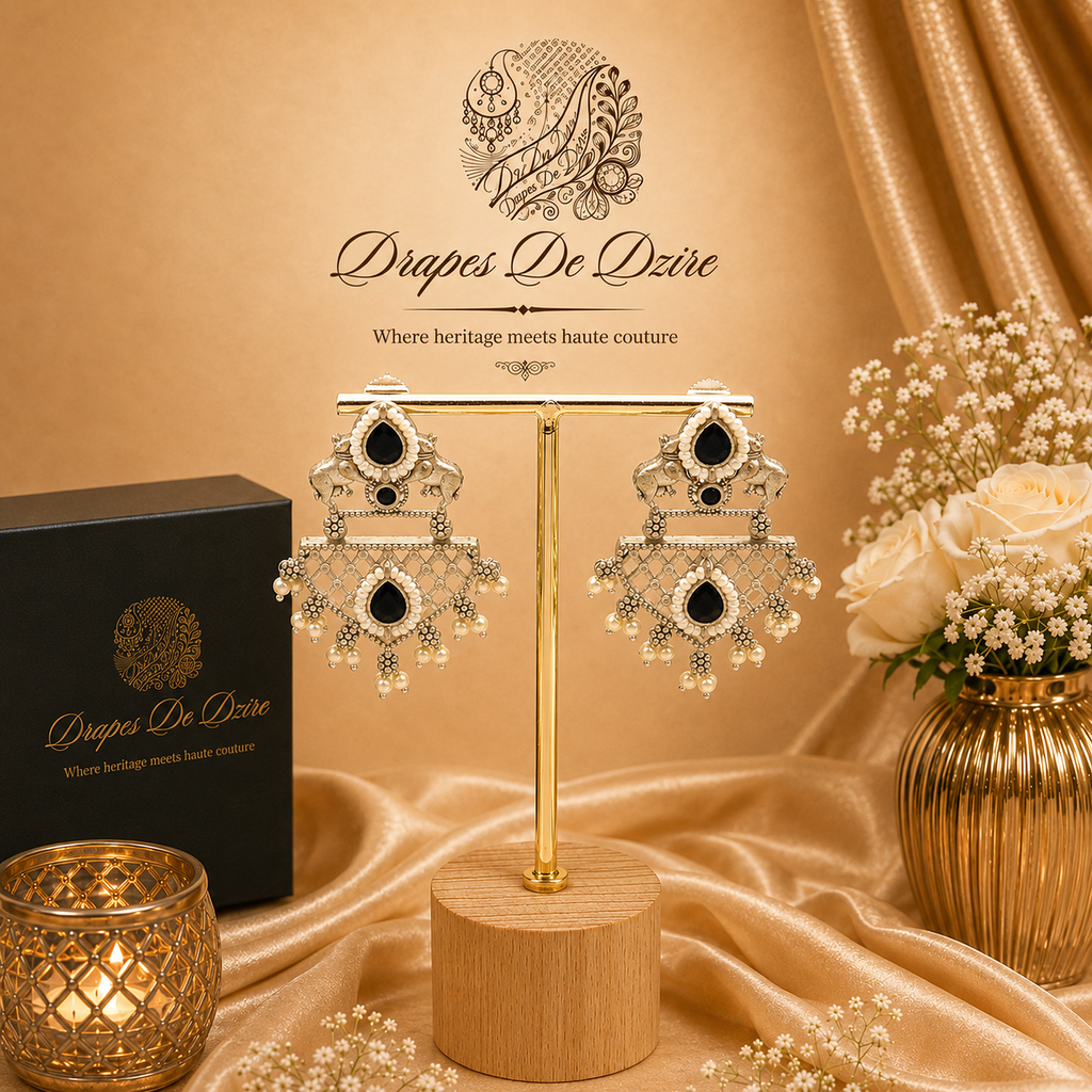 Intricate Oxidised Cow Design Earrings with Pearl Drops