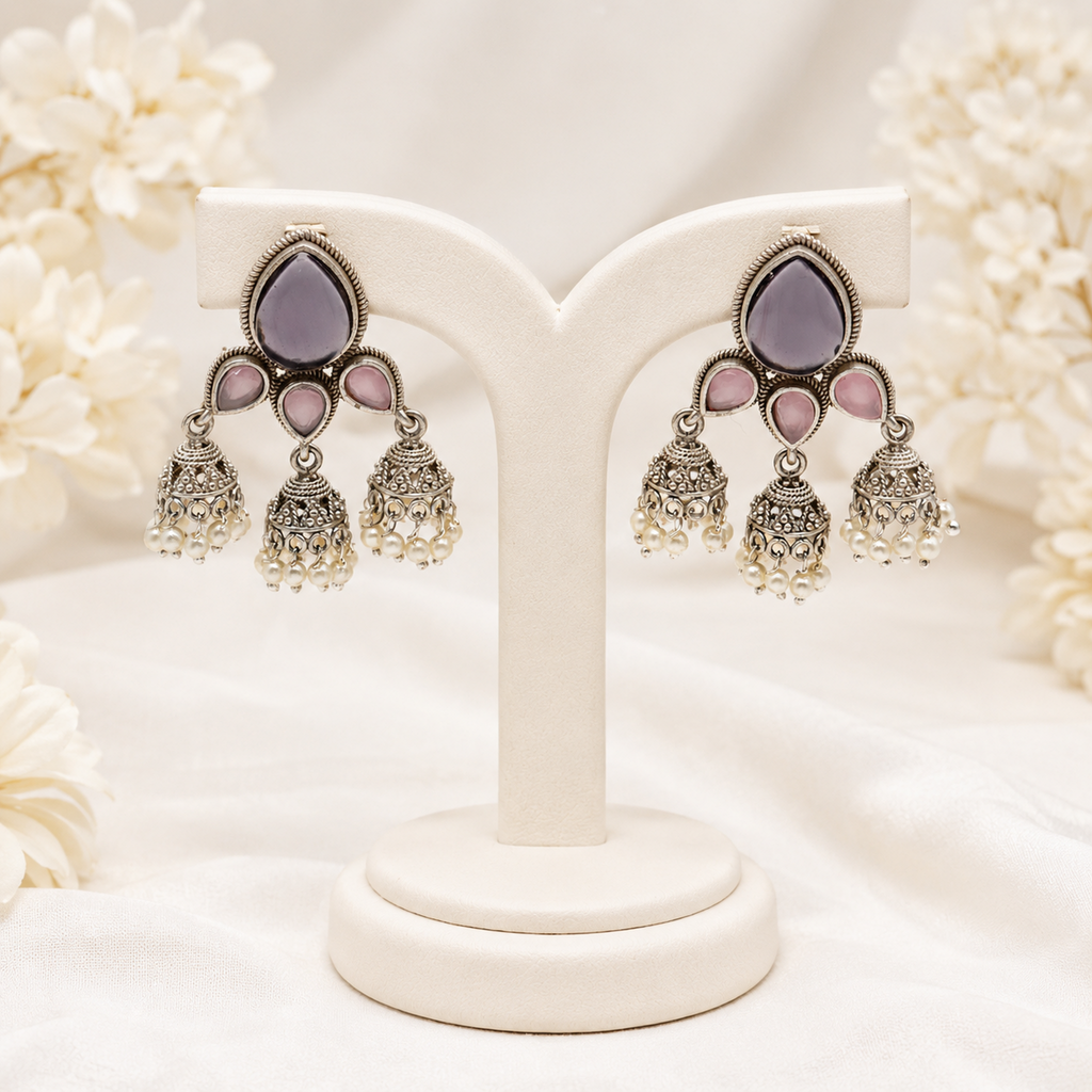 Traditional Oxidized Silver Jhumka Earrings (Vibrant Multi-Color Variants)