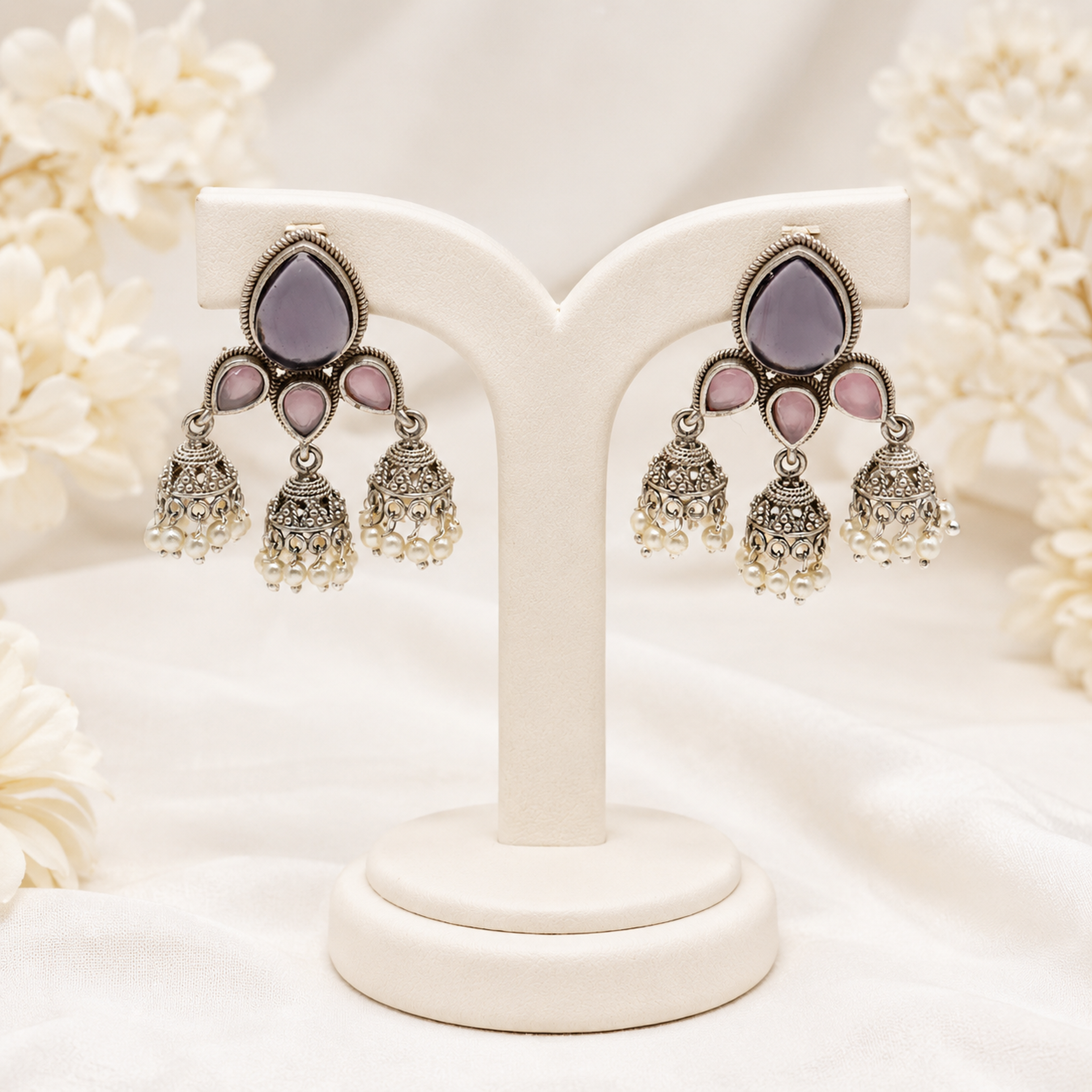 Traditional Oxidized Silver Jhumka Earrings (Vibrant Multi-Color Variants)