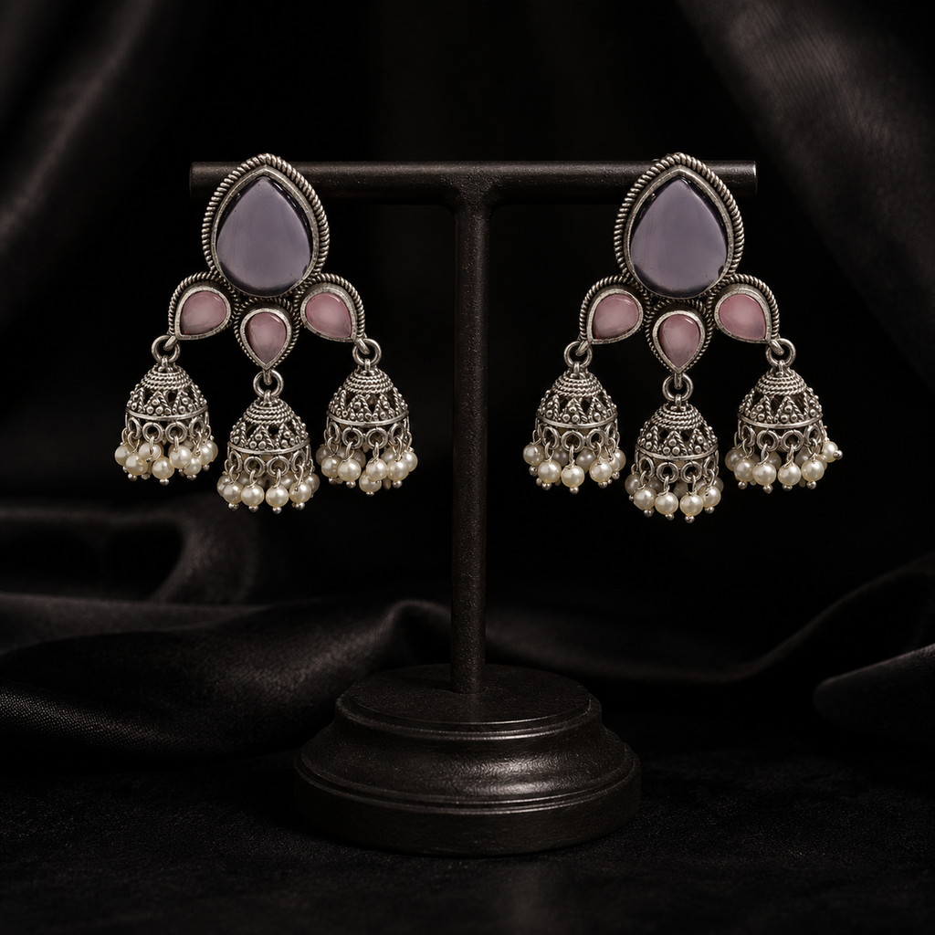Traditional Oxidized Silver Jhumka Earrings (Vibrant Multi-Color Variants)