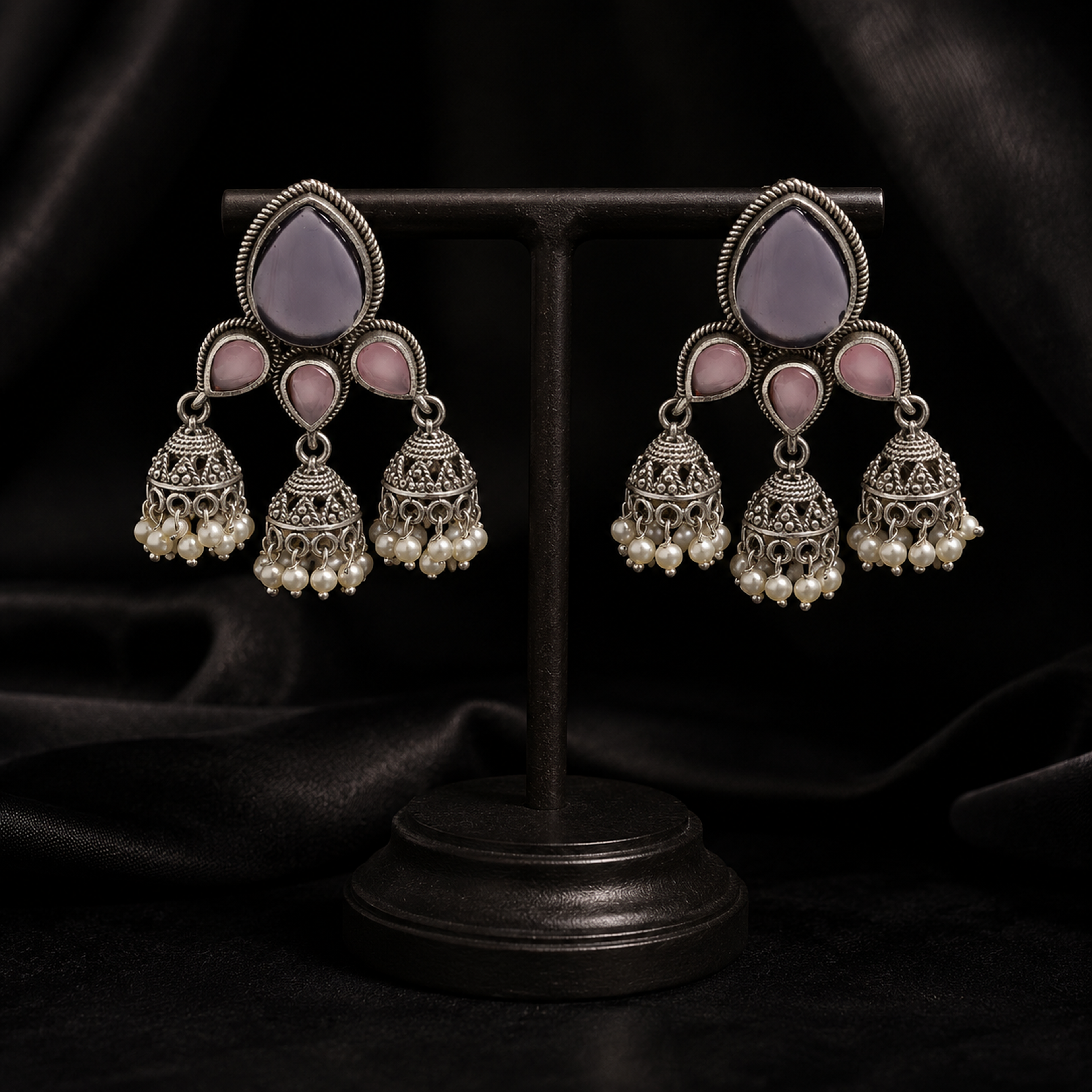 Traditional Oxidized Silver Jhumka Earrings (Vibrant Multi-Color Variants)