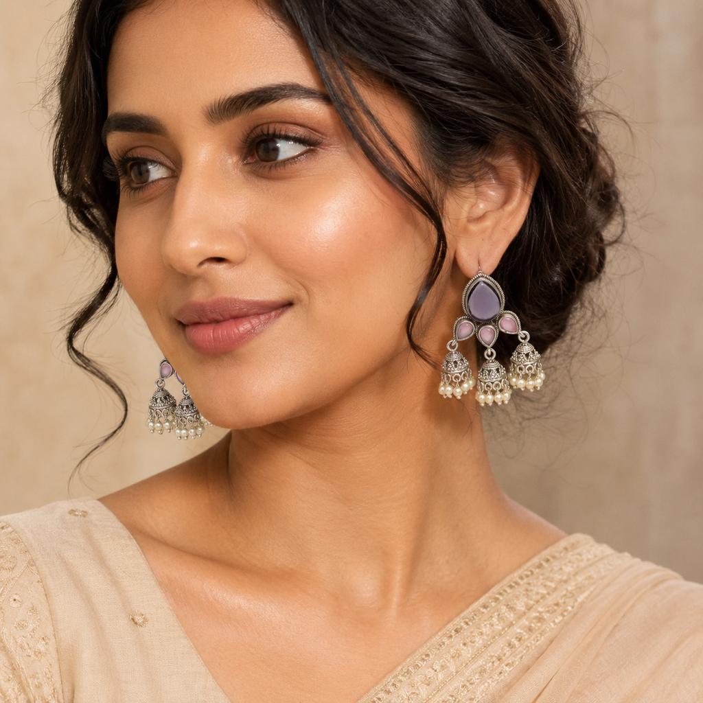 Traditional Oxidized Silver Jhumka Earrings (Vibrant Multi-Color Variants)