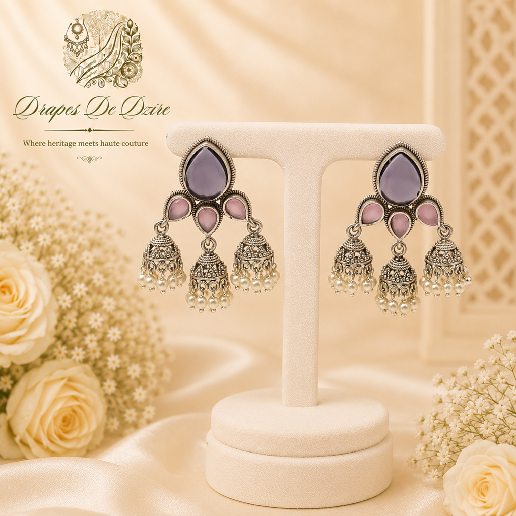 Traditional Oxidized Silver Jhumka Earrings (Vibrant Multi-Color Variants)