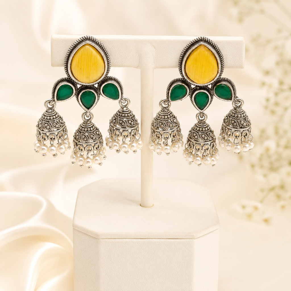 Traditional Oxidized Silver Jhumka Earrings (Vibrant Multi-Color Variants)
