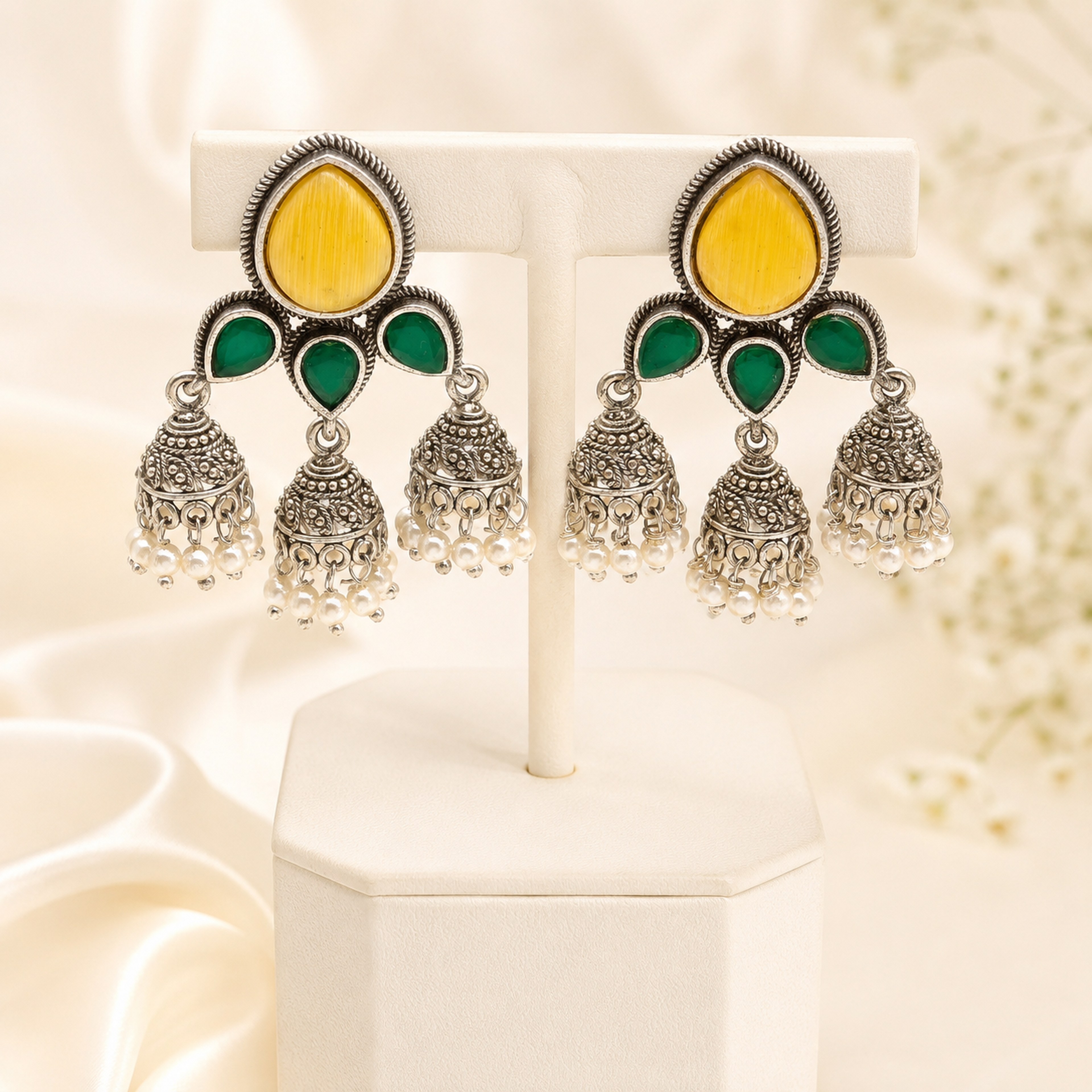Traditional Oxidized Silver Jhumka Earrings (Vibrant Multi-Color Variants)