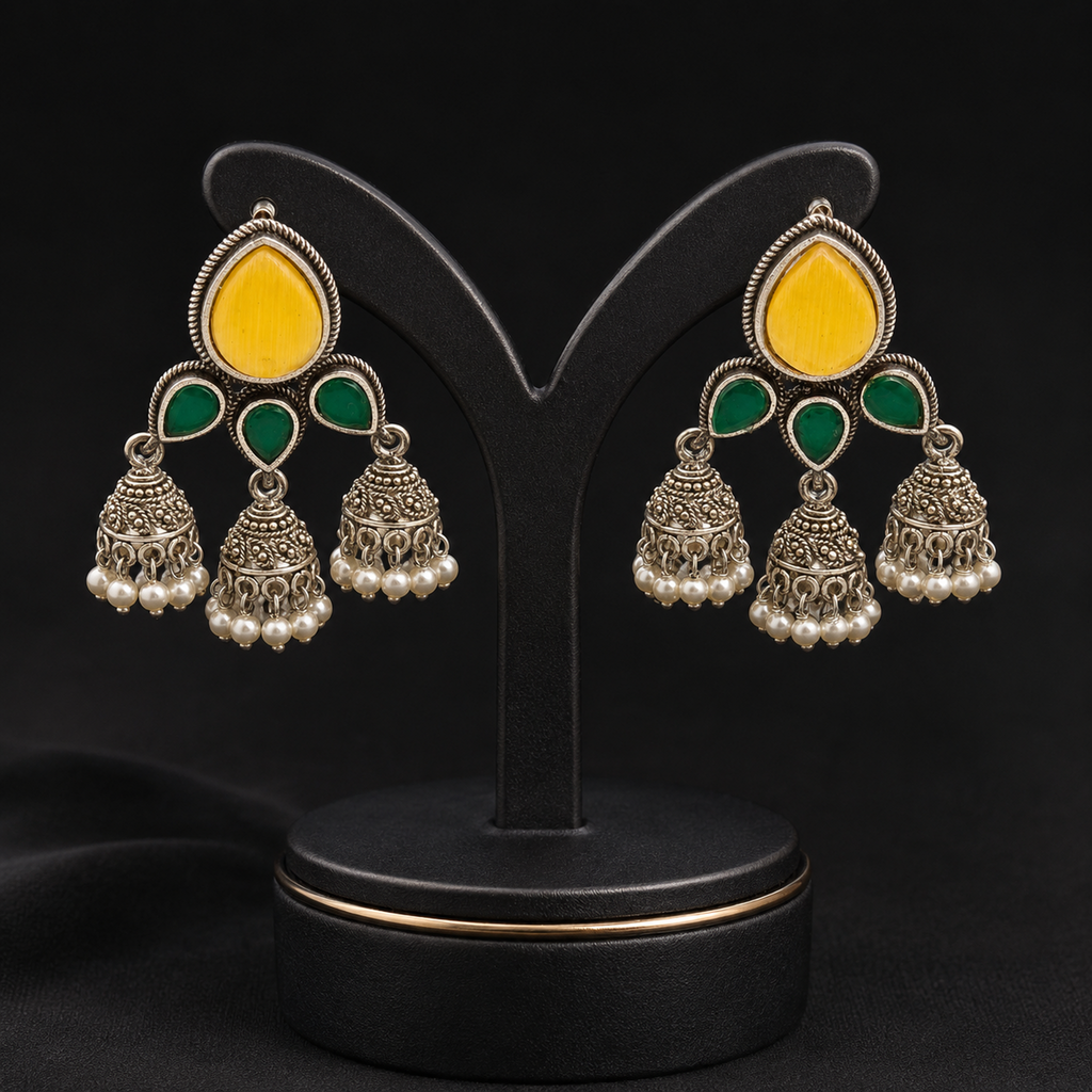 Traditional Oxidized Silver Jhumka Earrings (Vibrant Multi-Color Variants)