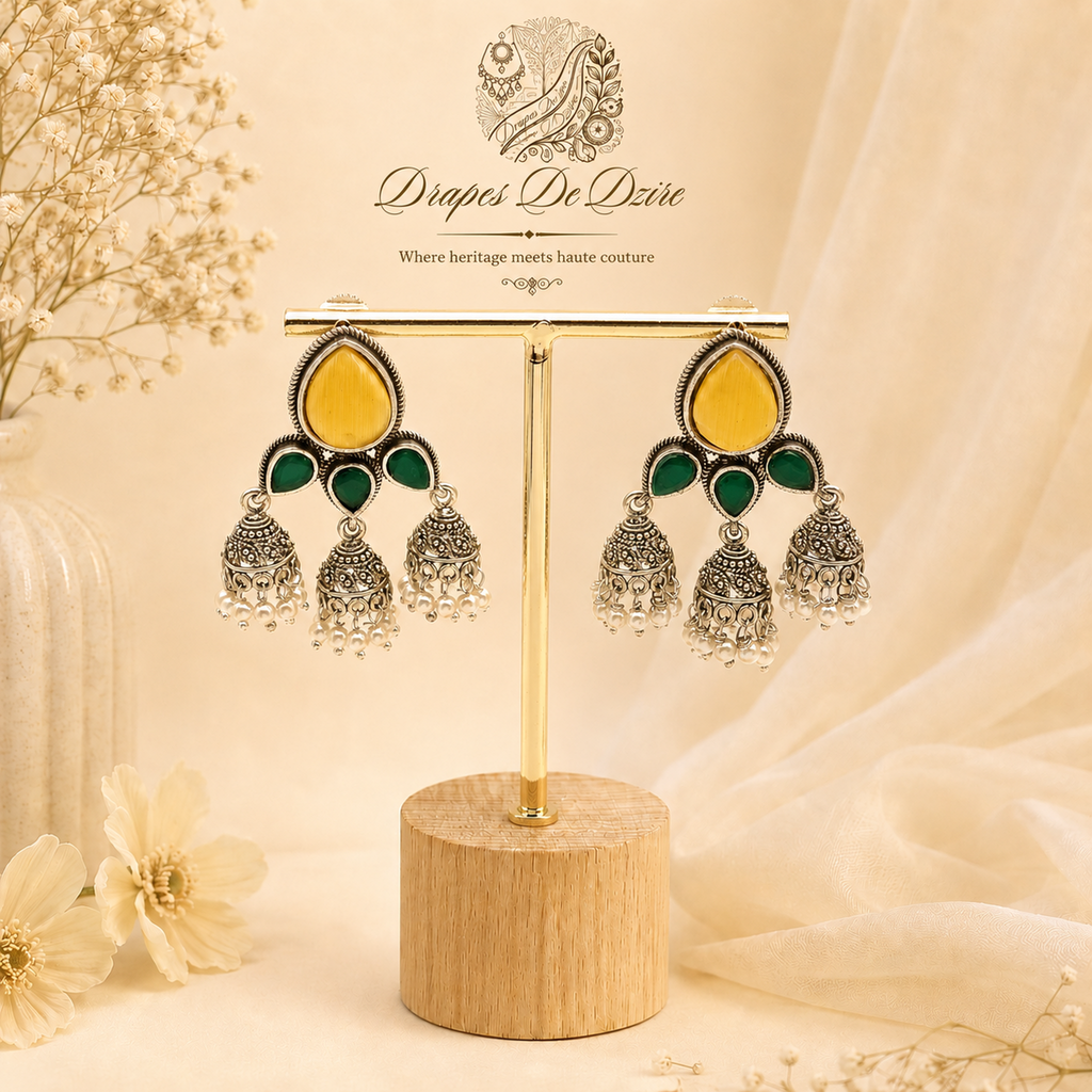 Traditional Oxidized Silver Jhumka Earrings (Vibrant Multi-Color Variants)