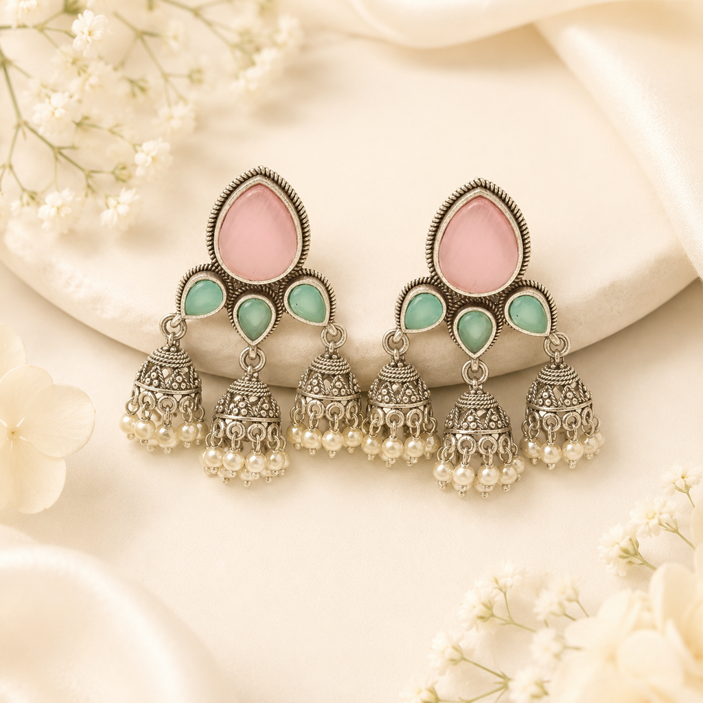 Traditional Oxidized Silver Jhumka Earrings (Vibrant Multi-Color Variants)