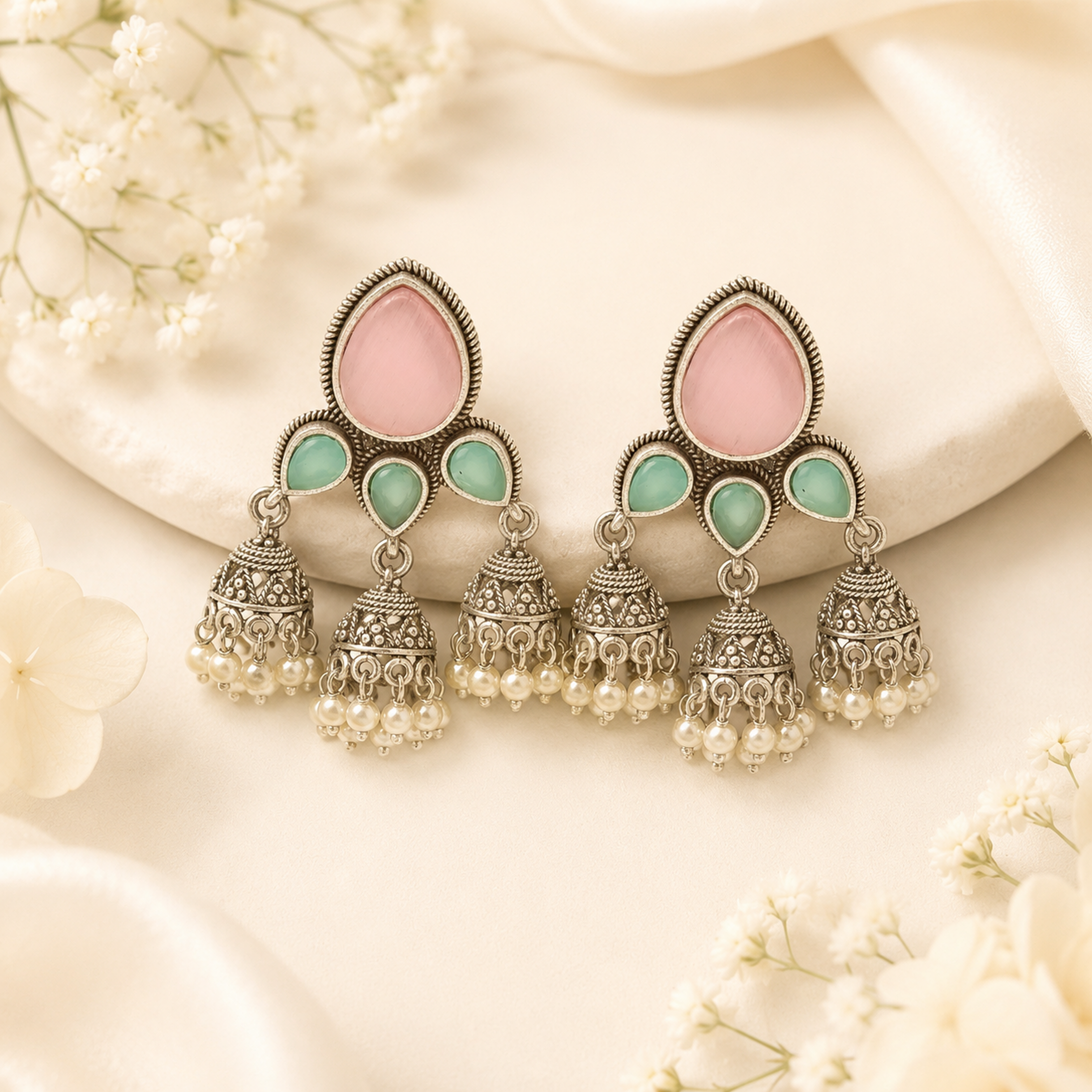 Traditional Oxidized Silver Jhumka Earrings (Vibrant Multi-Color Variants)