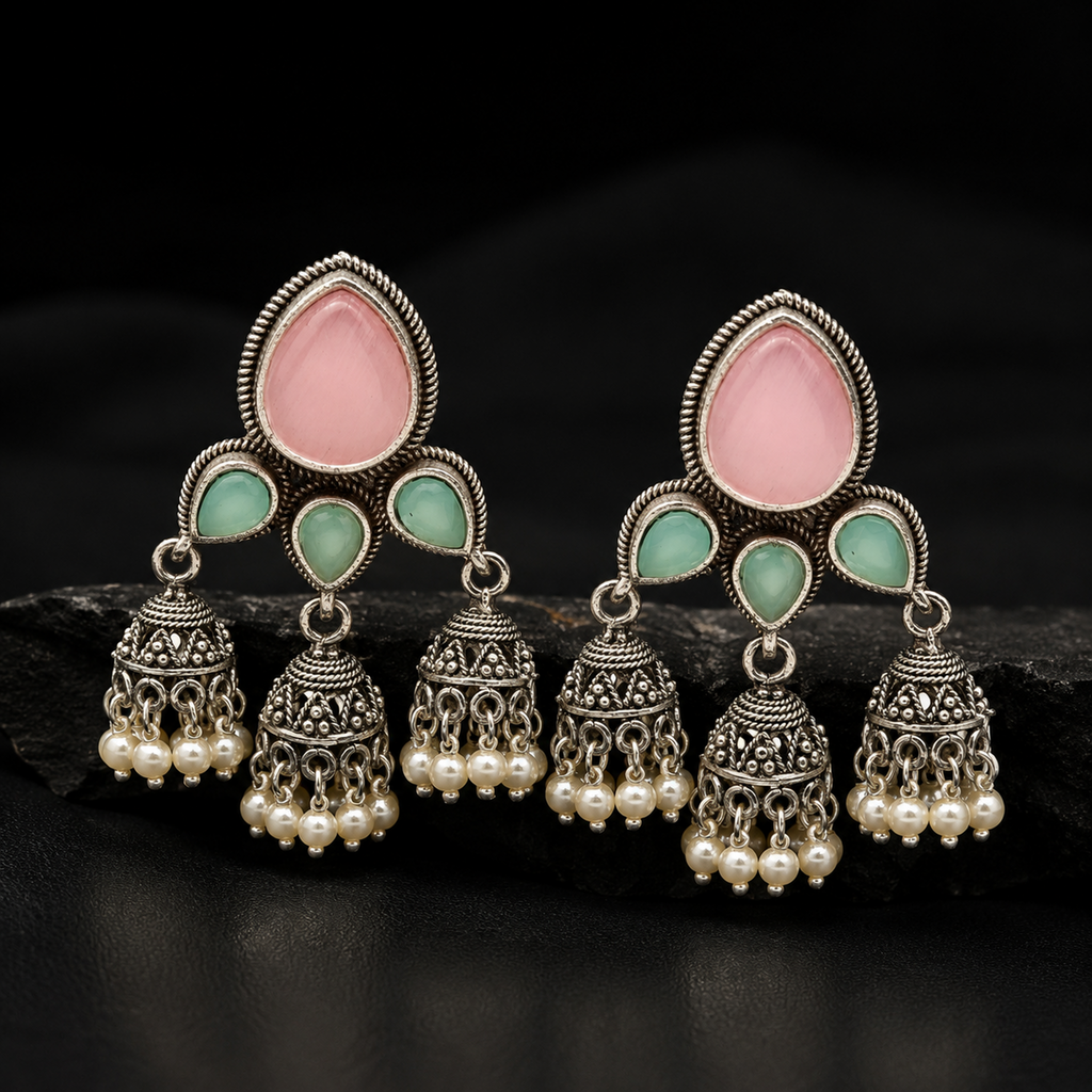 Traditional Oxidized Silver Jhumka Earrings (Vibrant Multi-Color Variants)