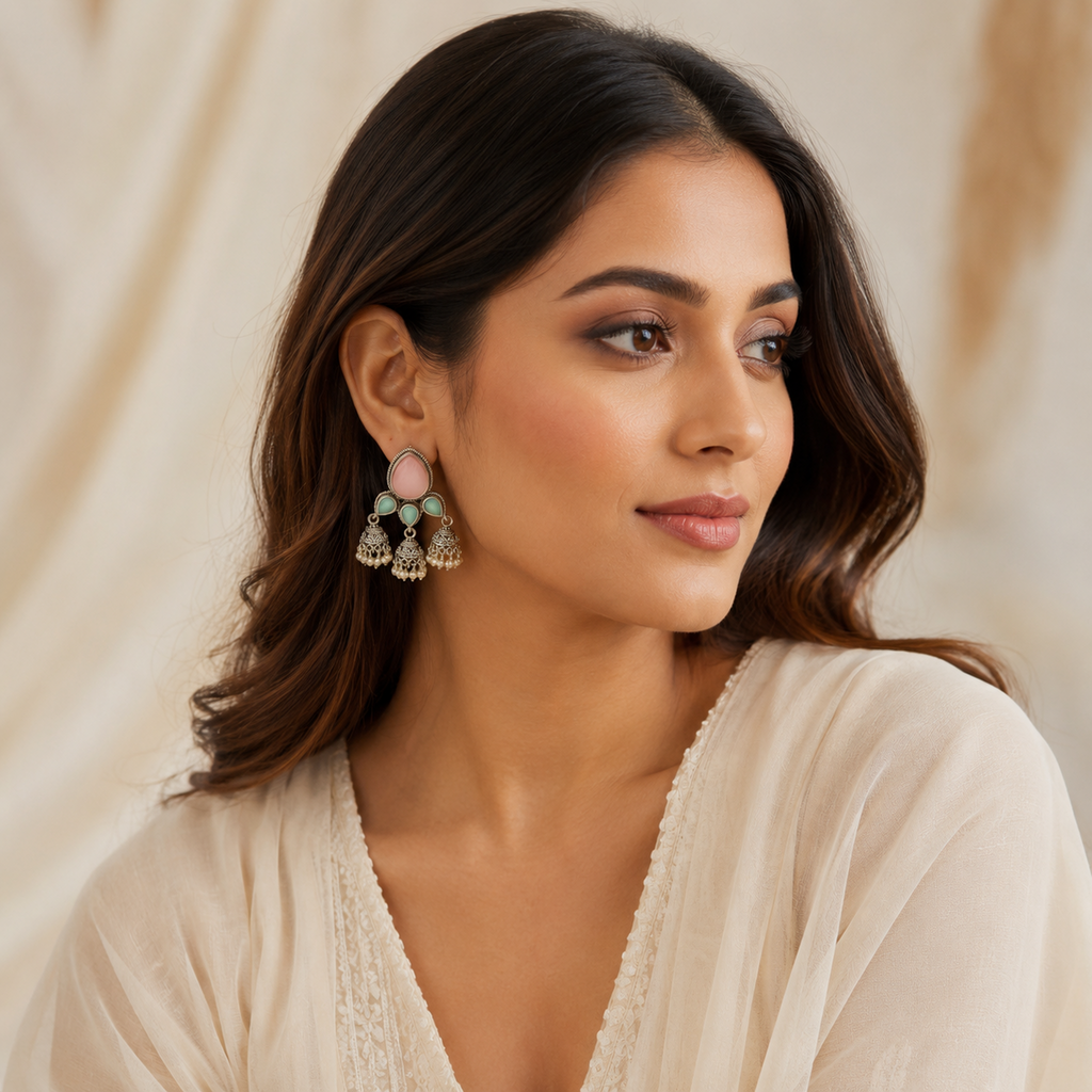 Traditional Oxidized Silver Jhumka Earrings (Vibrant Multi-Color Variants)