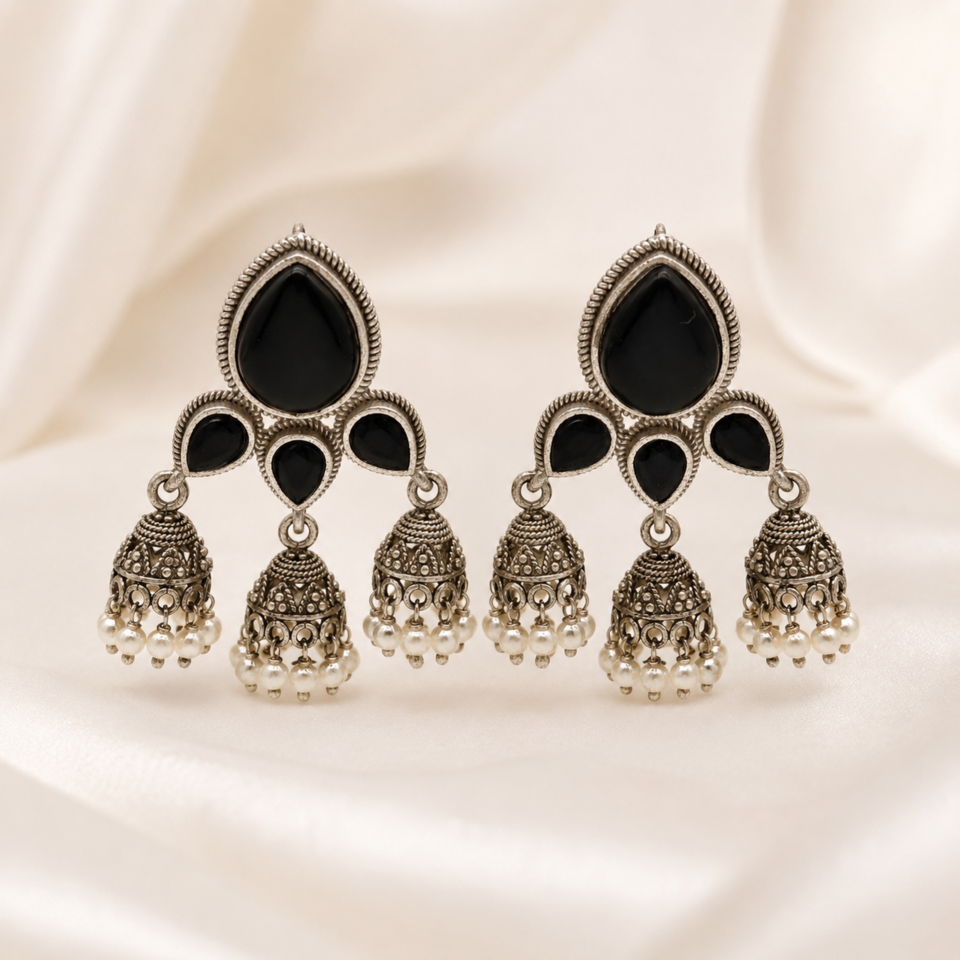 Traditional Oxidized Silver Jhumka Earrings (Vibrant Multi-Color Variants)