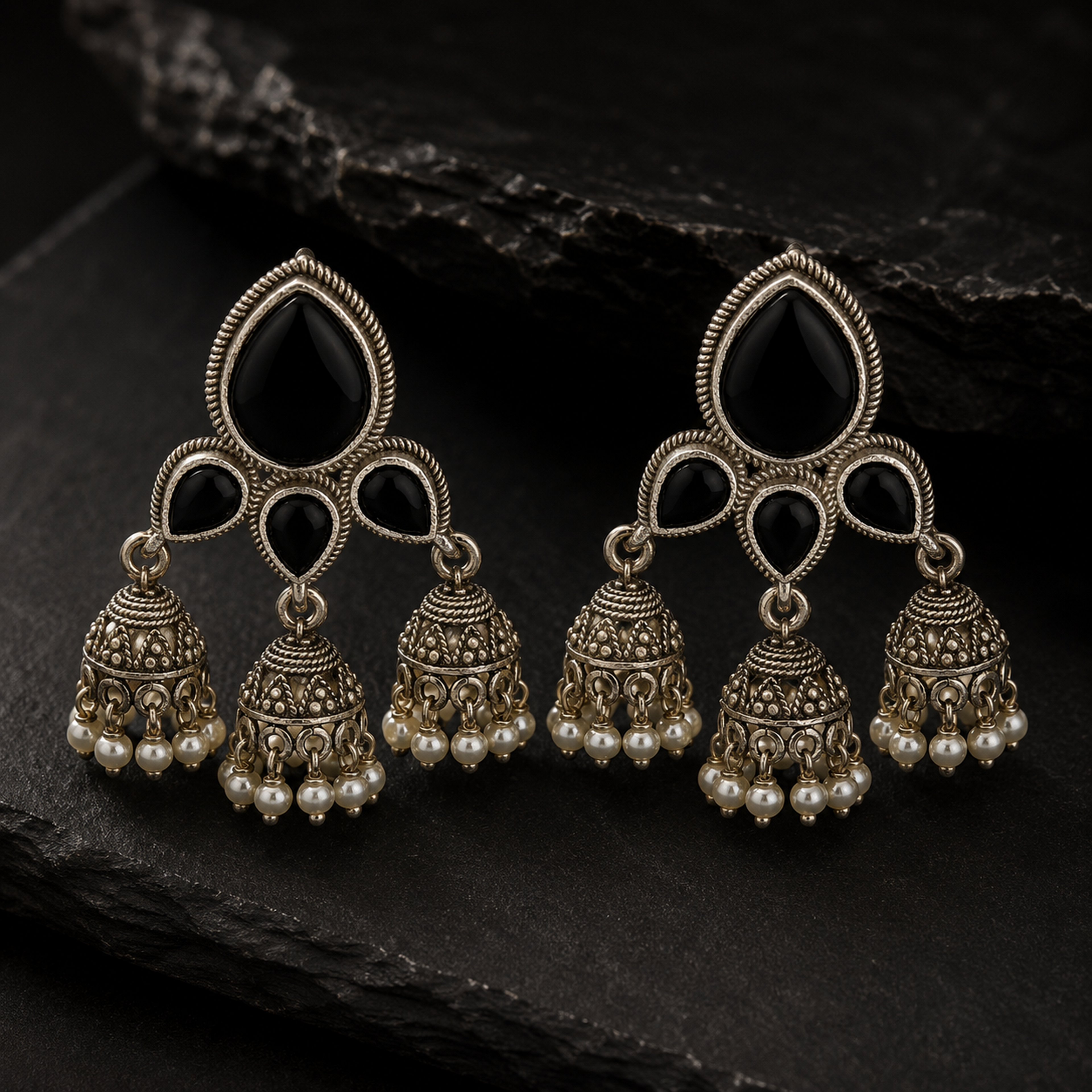 Traditional Oxidized Silver Jhumka Earrings (Vibrant Multi-Color Variants)