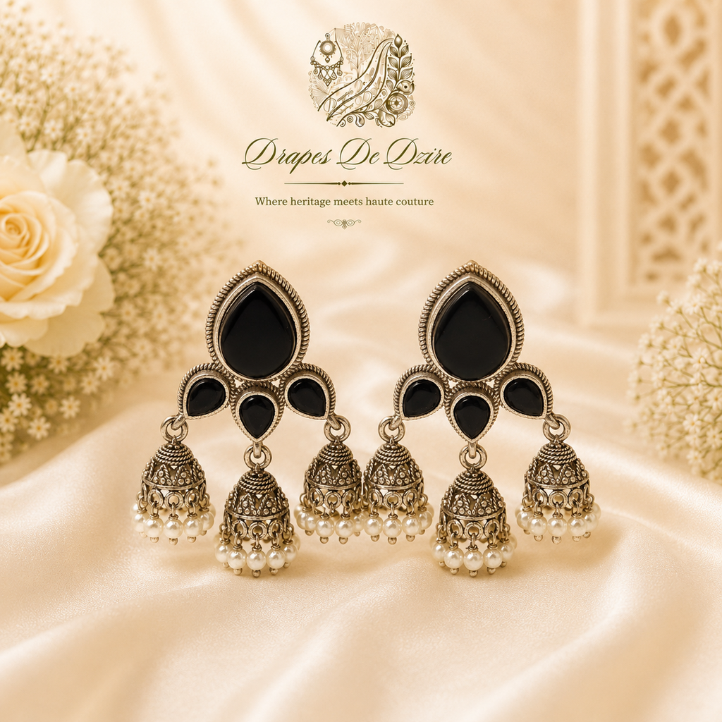 Traditional Oxidized Silver Jhumka Earrings (Vibrant Multi-Color Variants)
