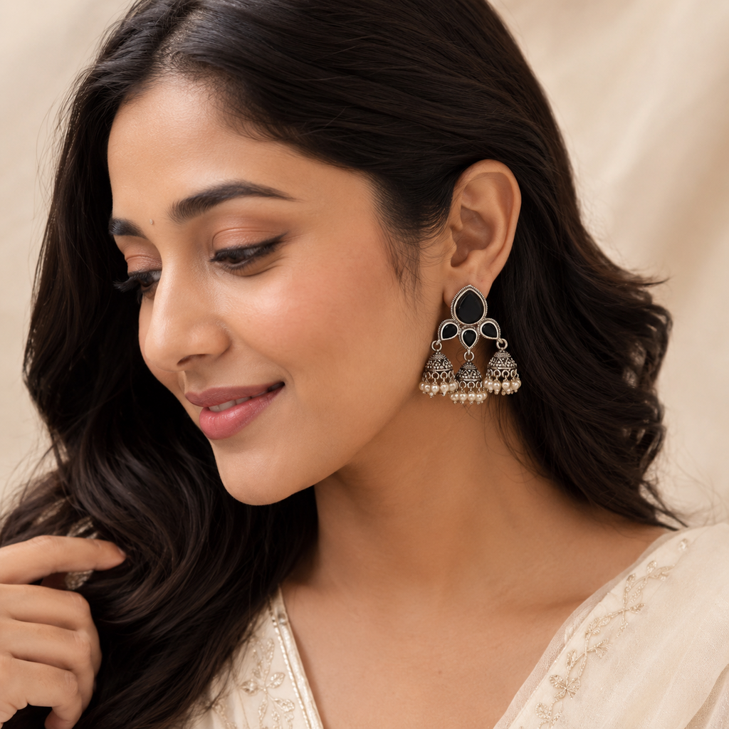 Traditional Oxidized Silver Jhumka Earrings (Vibrant Multi-Color Variants)