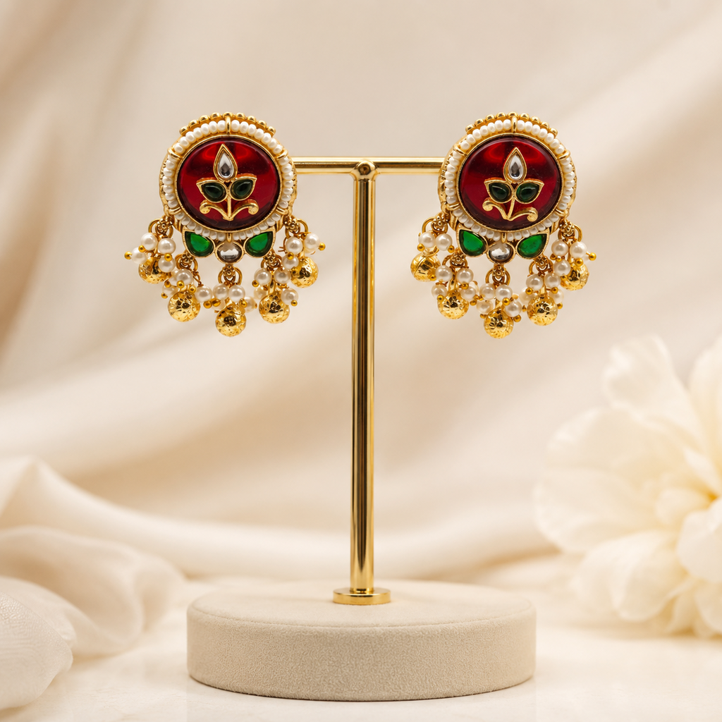Gold-Plated Green Meenakari & Kundan Statement Earrings