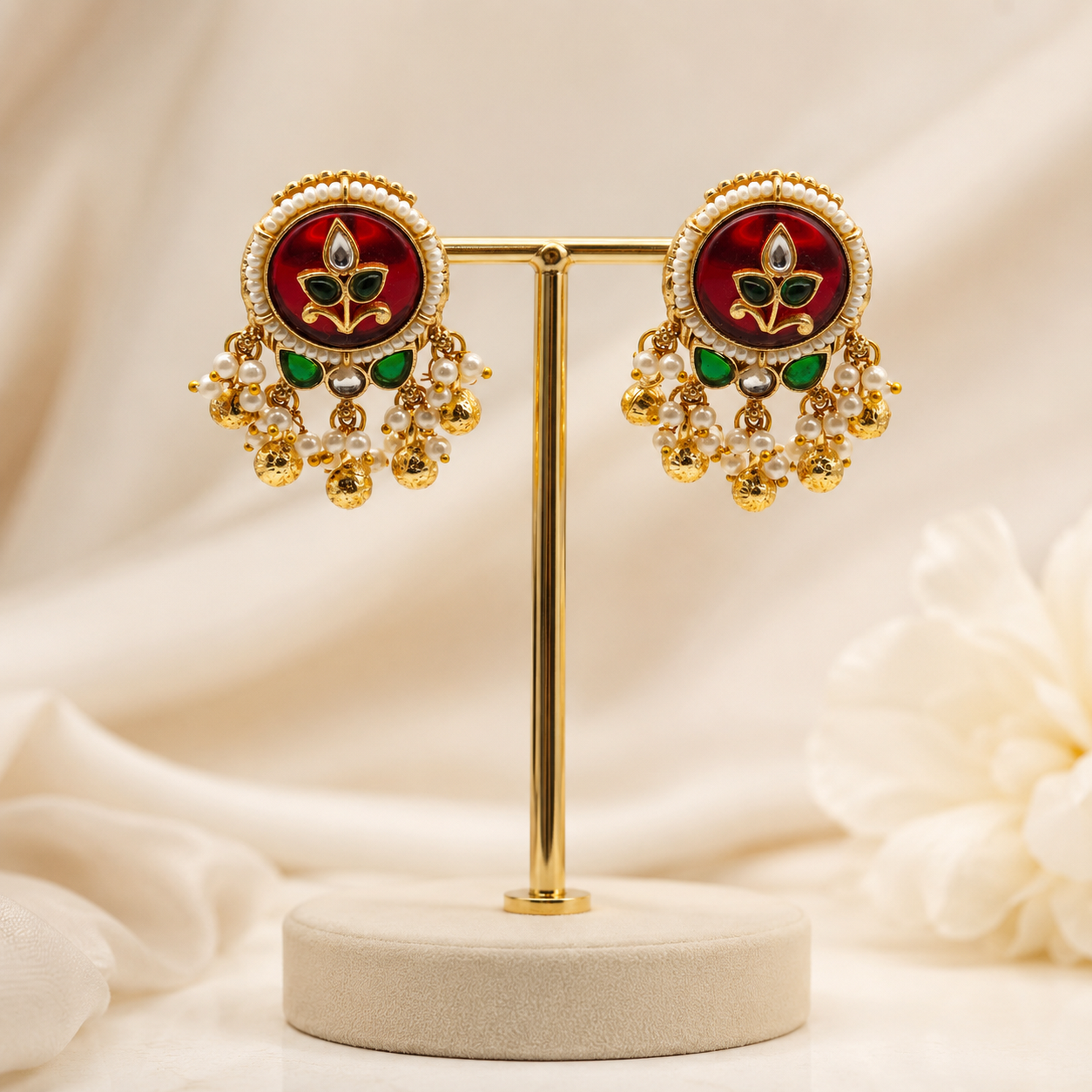 Gold-Plated Green Meenakari & Kundan Statement Earrings